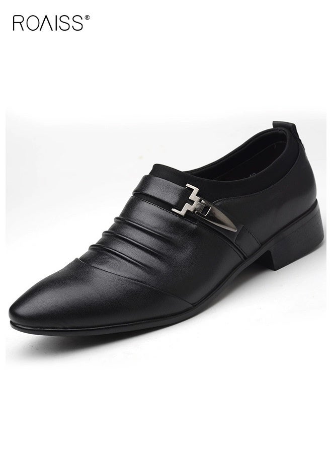 roaiss Men's Pointed Toe Leather Shoes Slip On Dress Shoes Formal Style Daily Comfort Breathable Durable for Business Casual Wear and Perfectly Suited for Weddings and Special Occasions Black - Image 3